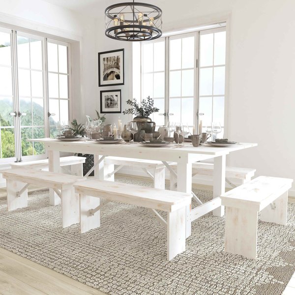 Flash Furniture 8'x40" White Table/6 Bench Set XA-FARM-3-WH-GG